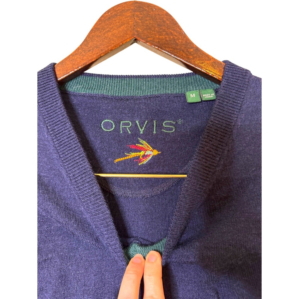Orvis Mens Navy 100% Merino Wool‎ V-Neck Sweater Size Medium Embroidered Logo - Picture 2 of 8